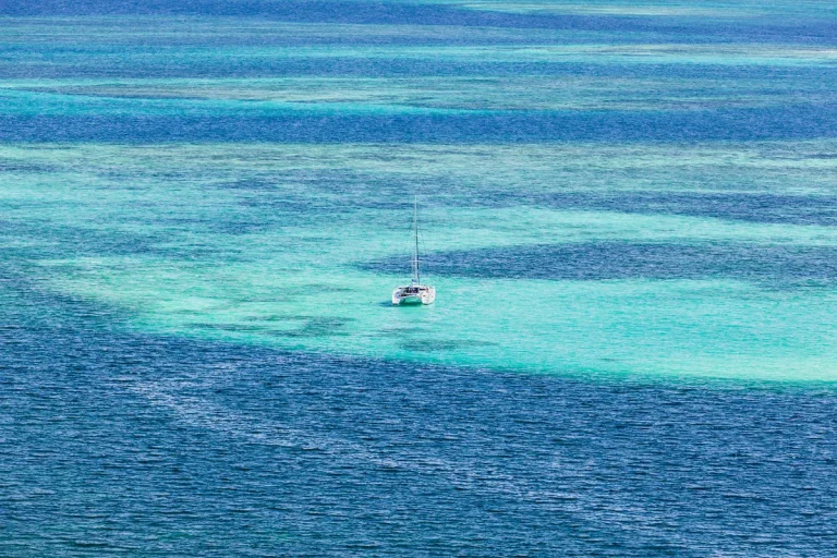 Navigation en catamaran privé dans le lagon des Tobago Cays aux Grenadines.