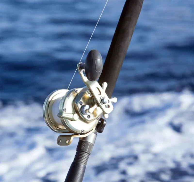 Équipement de pêche sportive installé pour une session de traîne en mer.