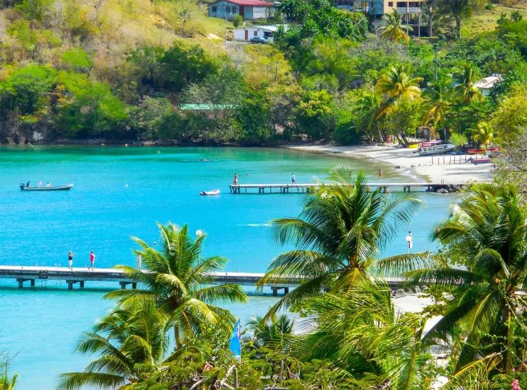 Plage de sable blanc et eaux cristallines sur la côte de la Martinique.